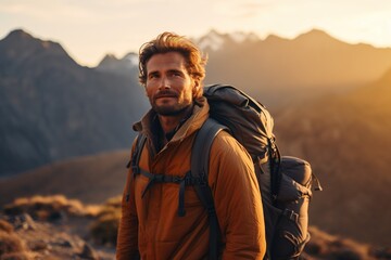 Wall Mural - Handsome young man with backpack hiking in the mountains at sunset