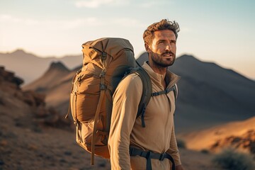 Wall Mural - Handsome young man with backpack hiking in the mountains at sunset