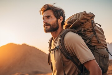 Wall Mural - Handsome young man with backpack hiking in the mountains at sunset