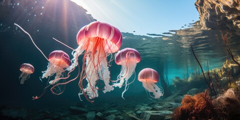 Wall Mural - a beautiful jellyfish around very beautiful coral reef, AI Generative