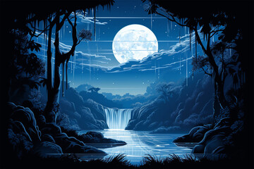 Wall Mural - vector illustration of waterfall view at night blue silhouette
