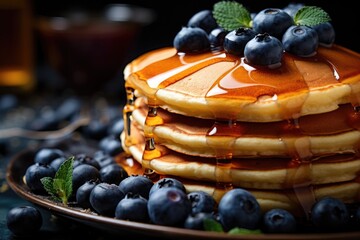 Wall Mural - delicious pancakes with fresh blueberries and syrup on wooden table. generative ai