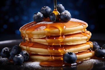 Wall Mural - delicious pancakes with fresh blueberries and syrup on wooden table. generative ai