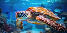 A Beautiful Sea Turtle Around Very Beautiful Coral Reef, AI Generative