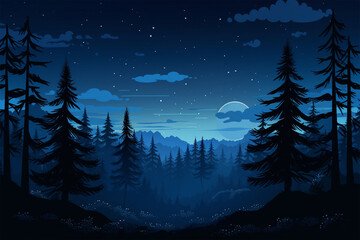 Wall Mural - vector illustration of forest scene at night blue silhouette