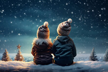 Back View Cute Child In Winter Hats Looking In Winter Sky, Waiting Santa Claus. Christmas Holiday