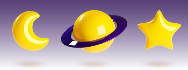 Wall Mural - Game space assets - horned moon, round planet Saturn with rings and star. Realistic cartoon vector set of cosmic icons with glossy surface. Yellow and purple cute astronomy videogame interface objects