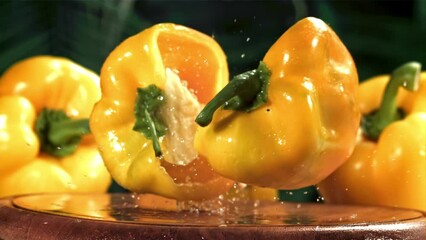 Poster - The sweet pepper falls and breaks in half. Filmed on a high-speed camera at 1000 fps. High quality FullHD footage