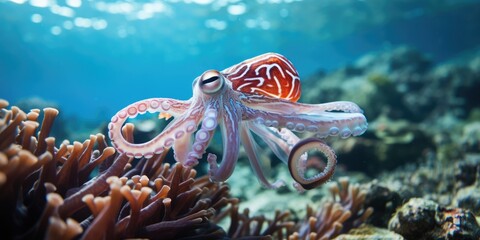 Wall Mural - a image beautiful giant squid around very beautiful coral reef, AI Generative