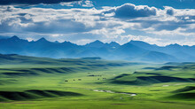 Sweeping Vista Landscape Of The Assy Plateau, A Large Mountain Steppe Valley And Summer Pasture 100km From Almaty, Kazakhstan.