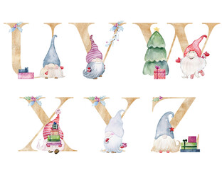 Wall Mural - Watercolor christmas gnomes letters for invitation card, nursery poster and other. Wall art decor.