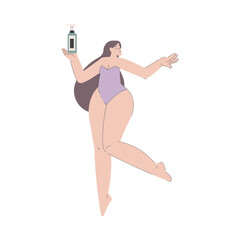 Wall Mural - Beauty Care with Young Woman Holding Lotion Bottle Vector Illustration