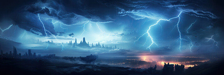 Wall Mural - Panoramic view of lightning storm