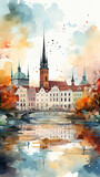 Fototapeta  - Cityline watercolor painting landscape abstract old european city background white, autumn print poster vertical