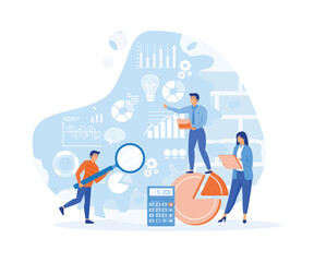 People creating chart & analyze statistics to unlock data potential. Advance data analytic, communication technology and database research. flat vector modern illustration