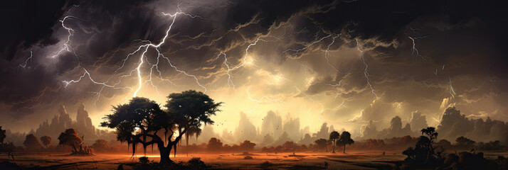 Wall Mural - Panoramic view of lightning storm