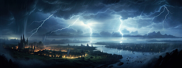 Wall Mural - Panoramic view of lightning storm