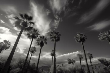 Monochrome scenery with palm trees and sky. Generative AI