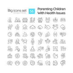 Wall Mural - Editable black simple thin line big icons set representing parenting children, isolated vector, linear illustration.