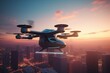 A futuristic air taxi takes off at dawn. A view of an unmanned passenger drone. 3D rendering. Generative AI