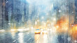 © kichigin19 - watercolor drawing traffic in a winter city, abstract background snowfall on the road, christmas view postcard copy space white