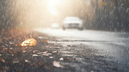 Wall Mural - car on the highway, autumn wet road, danger of an accident in rainy weather slippery asphalt, fog poor visibility