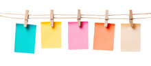 Colorful Paper Blank Notes Hanging On The Rope With Wooden Clothespins Isolated