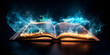  Open magic spell book with a magical plume glowing around on wooden table The Book of Infinite Spells A Guide to the Endless World of Enchantment AI Generative 