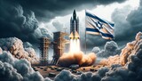 Fototapeta Londyn - Generative AI image of Israeli anti rockets defense systems with the flag of Israel