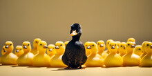 Black Duck Standing In Front Of Large Group Of Yellow Duck  Celebrating Diversity A Black Duck's Leadership Amidst A Flock Of Yellow Ducks AI Generative 