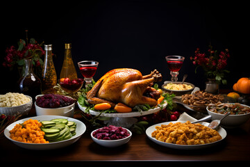 Wall Mural - Traditional thanksgiving dinner with roasted chicken turkey herbs and spices, vegetables with wine and other food on dark background