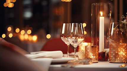 Elegant table setting with candles in restaurant. Selective focus. Romantic dinner setting with candles on table in restaurant.