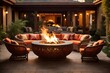 A circular arrangement of rattan armchairs and a firepit in the center.