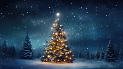 Poster - Illuminated christmas tree at night with falling snow and copy space
