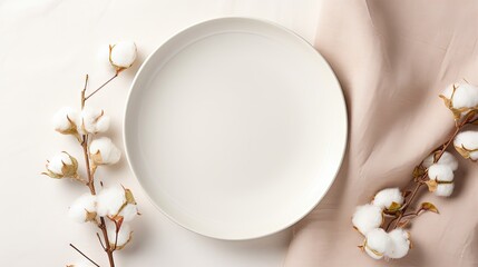 Aufkleber - Plate mockup, empty modern minimal table place setting neutral beige color top view.Flowers cotton branch. Space for text or menu .Business food brand template. Scandinavian style tableware.