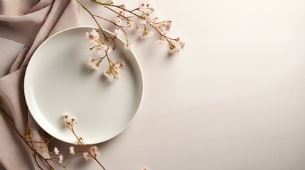 Aufkleber - Plate mockup, empty modern minimal table place setting neutral beige color top view.Flowers cotton branch. Space for text or menu .Business food brand template. Scandinavian style tableware.
