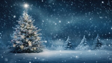 Poster - Illuminated christmas tree at night with falling snow and copy space