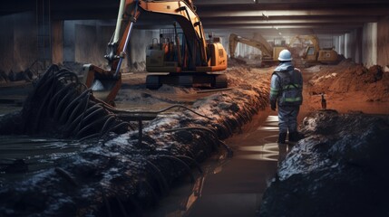 Worker working with tractor lift to install sewage pipes in ground is preparing install concrete pipes under ground to prevent subterranean flooding.