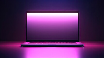 Poster - Laptop computer with row pink lighting and blank screen place on dark background. 3D illustration image.