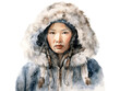 © emilio100 - Alaska Native Inuit Eskimo woman in fur clothes, watercolor illustration generative AI
