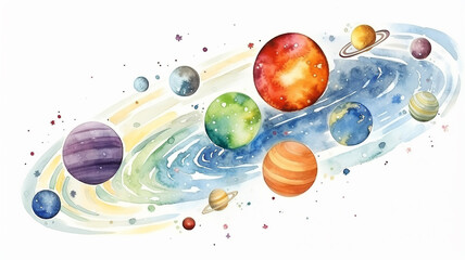 Wall Mural - planets in space on a white background, watercolor drawing for children primitive minimalistic poste