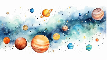 Wall Mural - planets in space on a white background, watercolor drawing for children primitive minimalistic poste