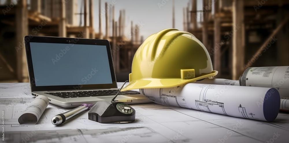 Concept building industry background banner. Construction blueprints ...