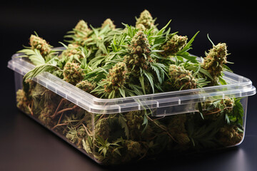 box with crop of leaves and buds of medical cannabis marijuana for a gift