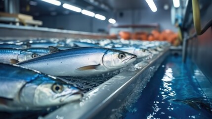 Poster - Conveyor belt in a fish processing with a line of fresh trout in food industry factory.