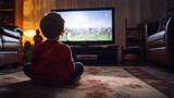 Little boy sitting on the floor in front of a television watching a football match