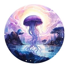 Wall Mural - Jellyfish in an underwater landscape in a circle.