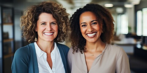 Canvas Print - Portrait of smiling businesswomen standing in office and looking at camera