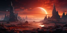 Alien Planet Landscape With Glowing Sun And Mountains With Fantastic Rocks Formations