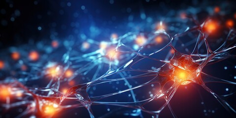 Brain stimulation activity with neuron close - up microscpoe illustration. Neurology, cognition, neuronal network, psychology, neuroscience scientific concepts